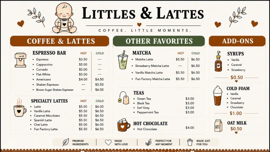 Littles & Lattés full café menu with pricing